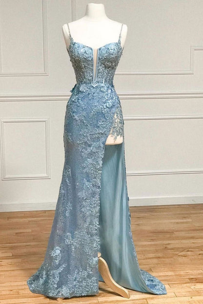 Glittter Sequin Mermaid Spaghetti Straps Long Corset Prom Dress With Appliques
