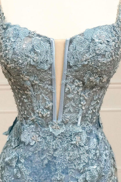 Glittter Sequin Mermaid Spaghetti Straps Long Corset Prom Dress With Appliques