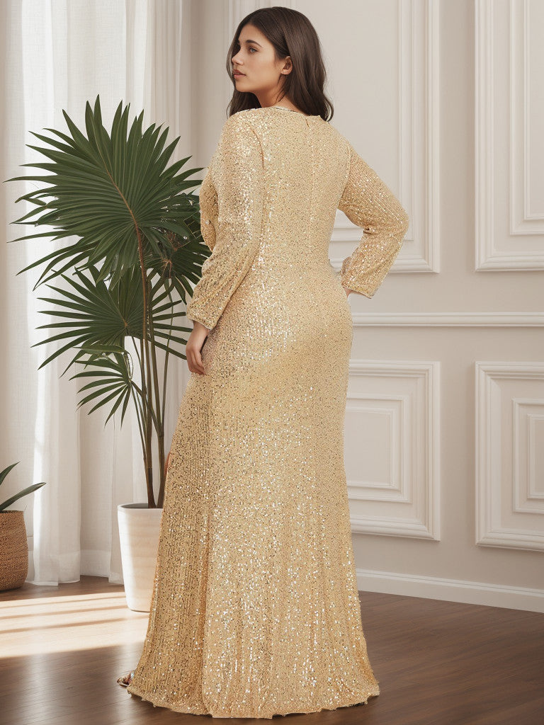 Plus Size Sexy Deep V-Neck Sequin Bodice Formal Evening Gowns