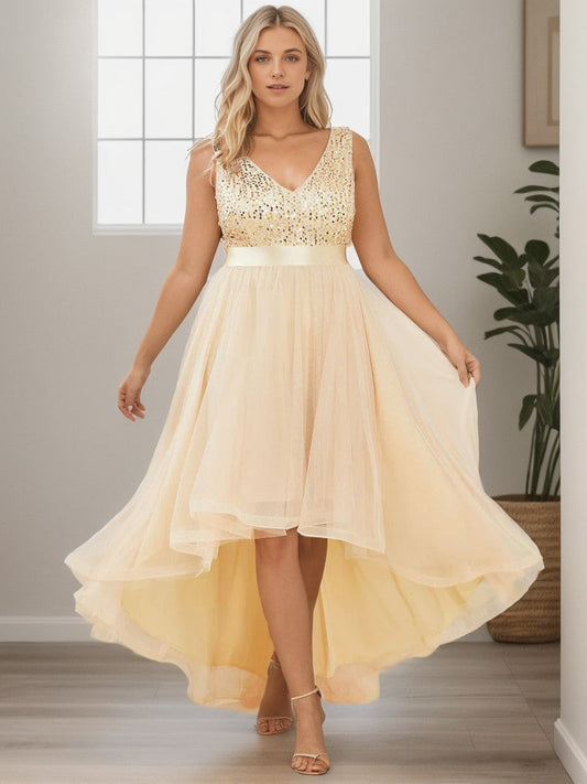 Plus Size Sleeveless Sequin Ribbon Waist Tulle High Low Evening Dress
