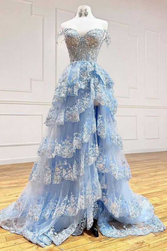 Gorgeous A-Line Light Blue Off The Shoulder Sparkly Tiered Long Prom Dress With Split