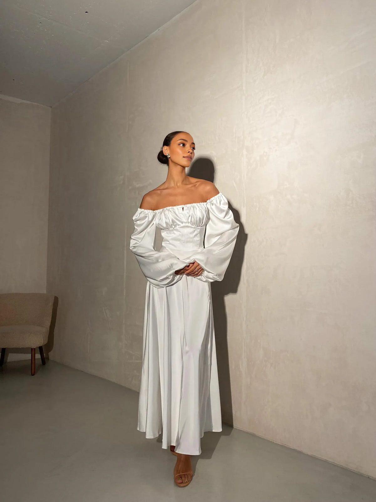 Gorgeous A-Line Square Neck Long Sleeve Backless Satin Floor-Length Wedding Dress