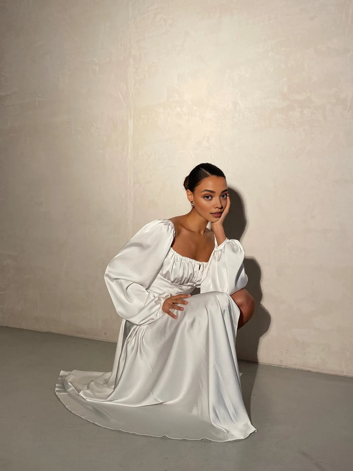 Gorgeous A-Line Square Neck Long Sleeve Backless Satin Floor-Length Wedding Dress