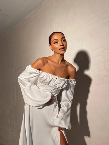 Gorgeous A-Line Square Neck Long Sleeve Backless Satin Floor-Length Wedding Dress