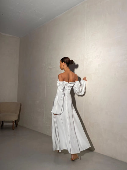 Gorgeous A-Line Square Neck Long Sleeve Backless Satin Floor-Length Wedding Dress