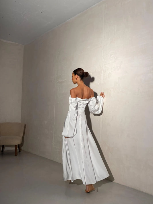 Gorgeous A-Line Square Neck Long Sleeve Backless Satin Floor-Length Wedding Dress