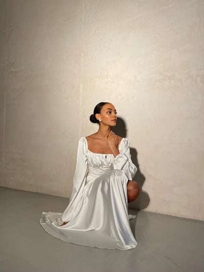 Gorgeous A-Line Square Neck Long Sleeve Backless Satin Floor-Length Wedding Dress