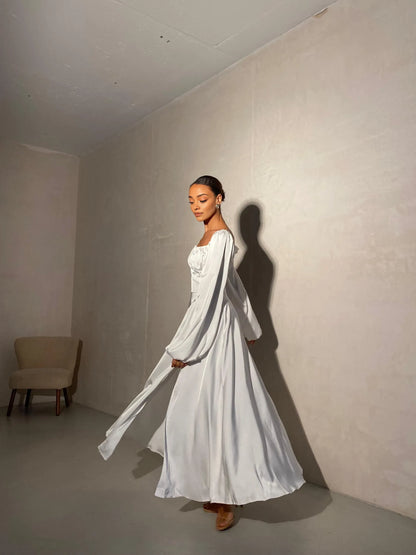 Gorgeous A-Line Square Neck Long Sleeve Backless Satin Floor-Length Wedding Dress