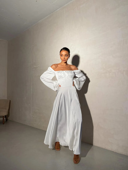 Gorgeous A-Line Square Neck Long Sleeve Backless Satin Floor-Length Wedding Dress
