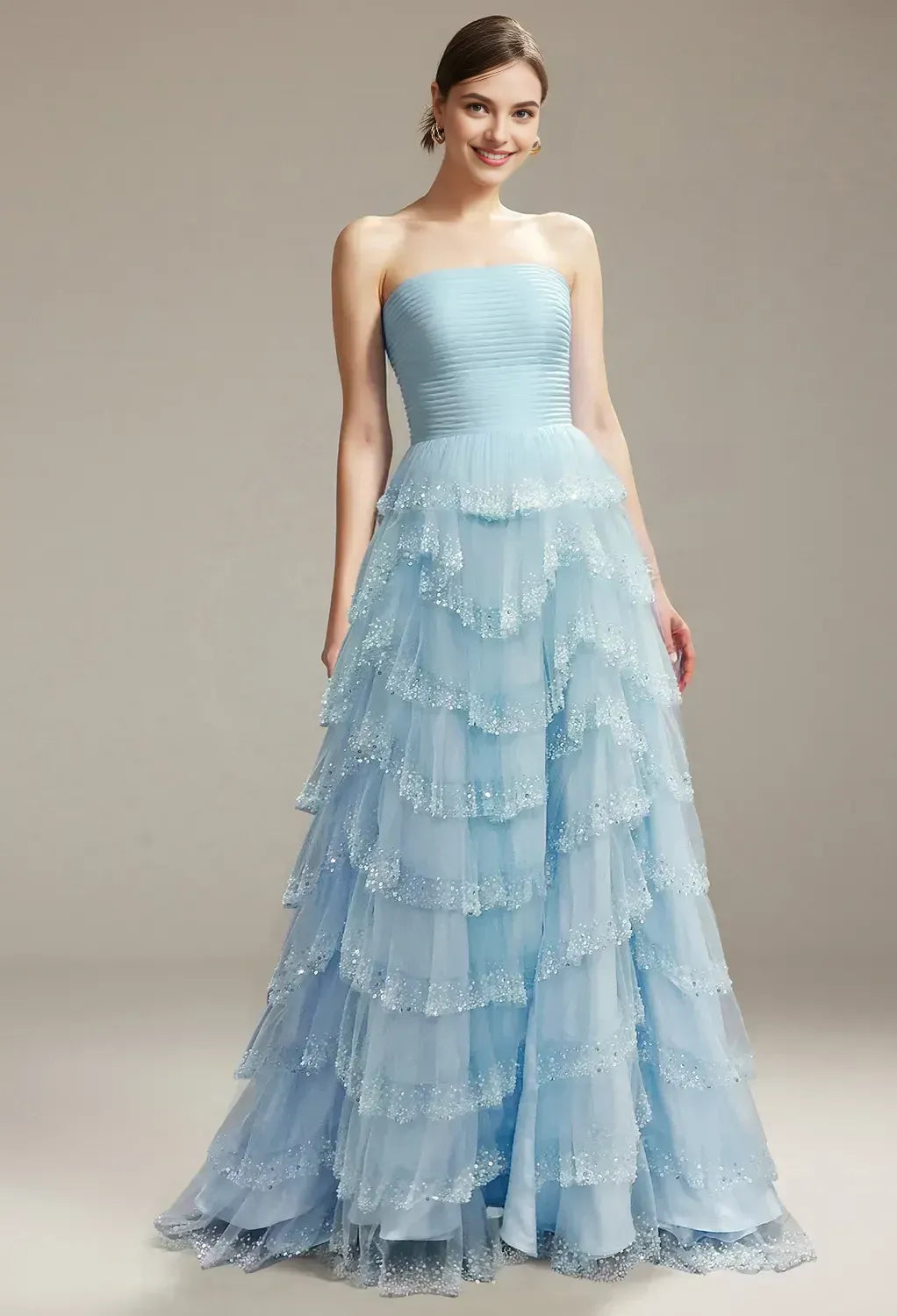 Gorgeous A-Line Straight Neck Sleeveless Ruffle Tulle Lace Floor Length Prom Dress