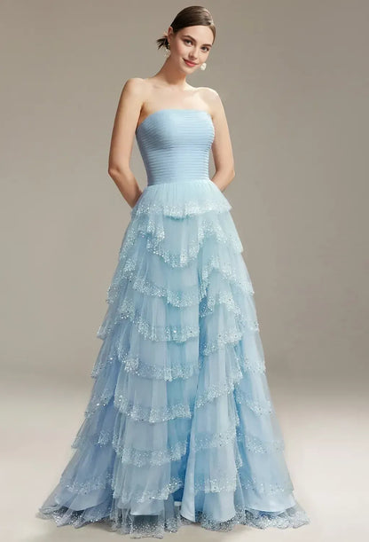 Gorgeous A-Line Straight Neck Sleeveless Ruffle Tulle Lace Floor Length Prom Dress