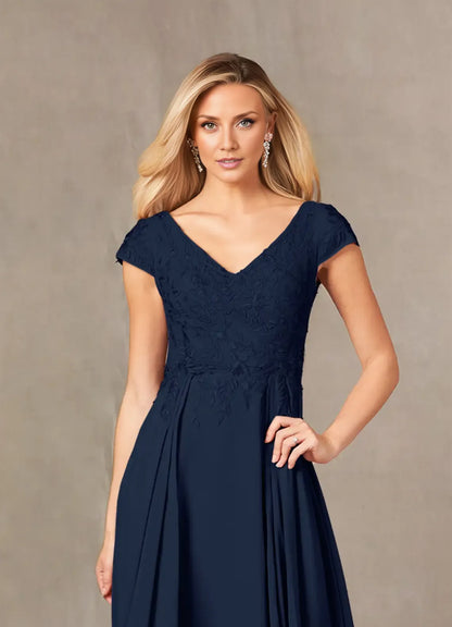 Gorgeous A-Line V Neck Cap Sleeve Back Zip Floor-Length Mother of the Bride Dress
