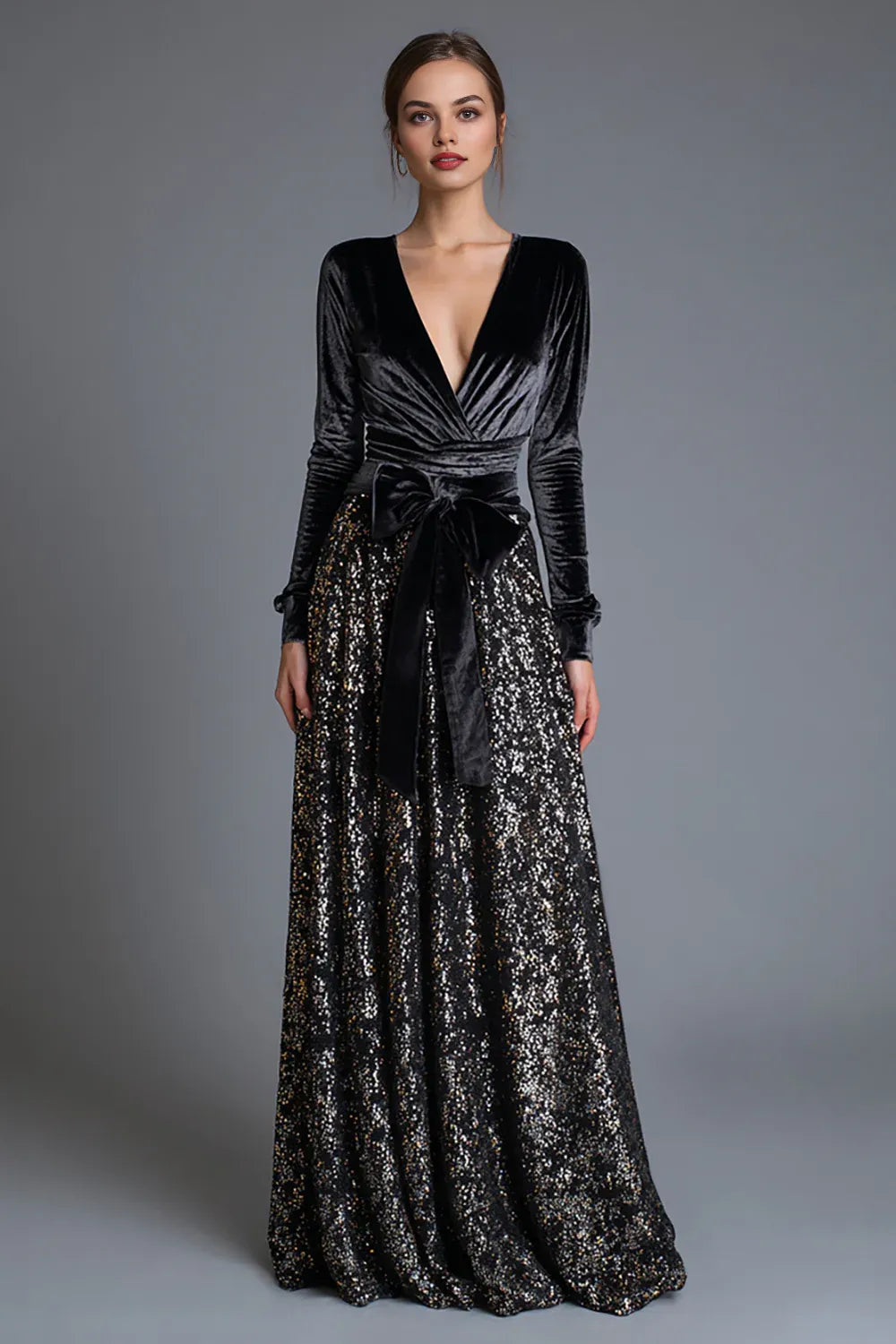 Gorgeous A-Line V Neck Long Sleeve Sequins Floor-Length Prom Dress
