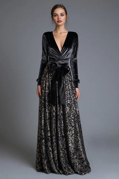 Gorgeous A-Line V Neck Long Sleeve Sequins Floor-Length Prom Dress