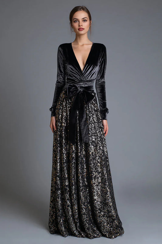 Gorgeous A-Line V Neck Long Sleeve Sequins Floor-Length Prom Dress