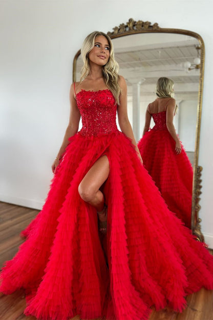 Stunning Glitter A-Line Spaghetti Straps Court Train Tulle Prom Dress With Split