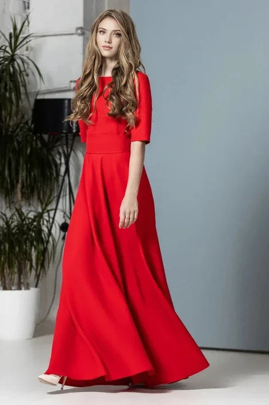 Gorgeous A-line Red Short Sleeves Round Neck Floor Length Prom Party Dress