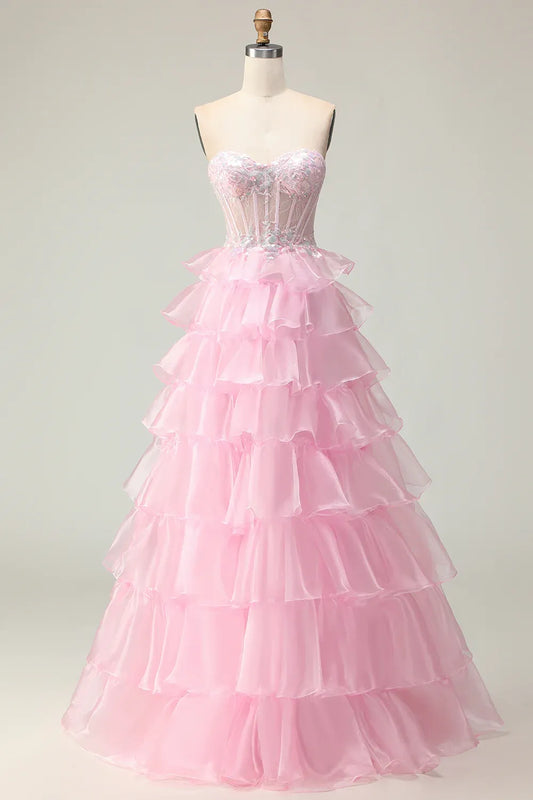 Gorgeous A Line Corset Sleeveless Tulle Tiered Floor-Length Prom Dress