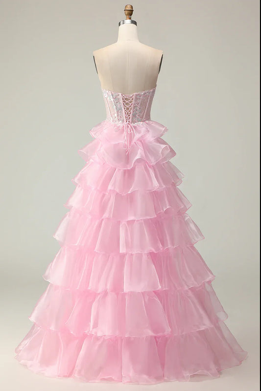 Gorgeous A Line Corset Sleeveless Tulle Tiered Floor-Length Prom Dress