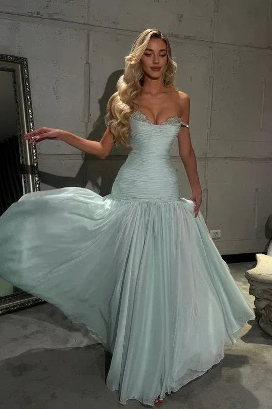 Gorgeous A Line Off the Shoulder Sleeveless Pleated Floor-Length Prom Dress
