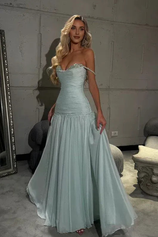 Gorgeous A Line Off the Shoulder Sleeveless Pleated Floor-Length Prom Dress