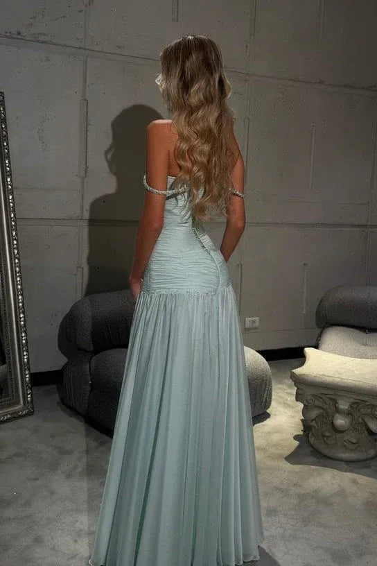 Gorgeous A Line Off the Shoulder Sleeveless Pleated Floor-Length Prom Dress