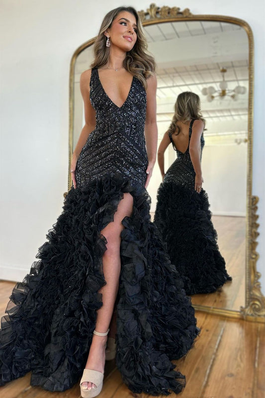Gorgeous Black Mermaid V-Neck Long Sequin Prom Dress With Ruffles