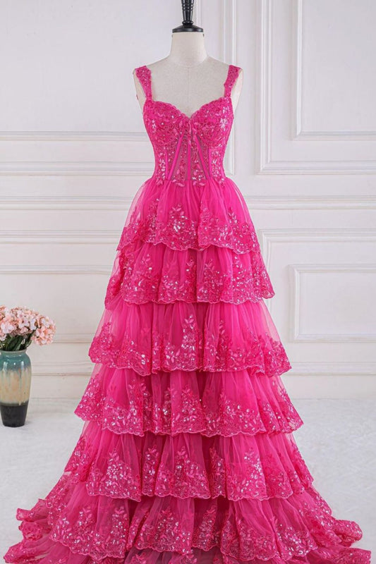 Gorgeous Fuchsia A-Line Off The Shoulder Long Tiered Prom Dress With Appliques