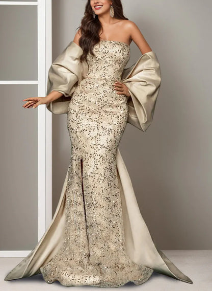 Gorgeous Mermaid Off-The-Shoulder Sleeveless Split Sequins Sweep Train Evening Dress