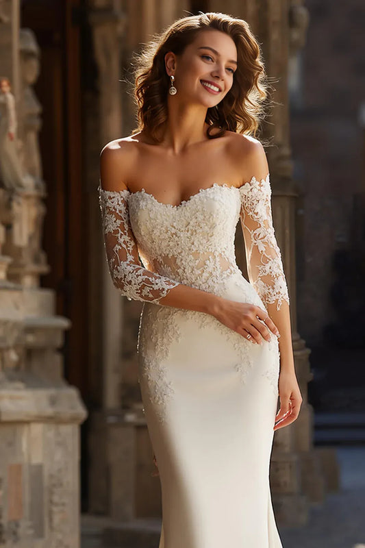Gorgeous Mermaid/Trumpet Off the Shoulder Long Sleeve Lace Sweep/Brush Train Wedding Dress