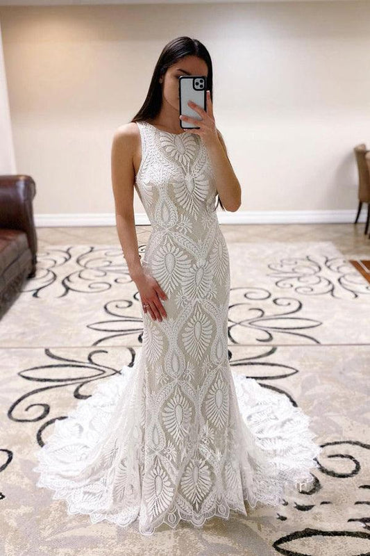 Gorgeous Round Neck Beach Sleeveless Mermaid Lace Wedding Dress With Train