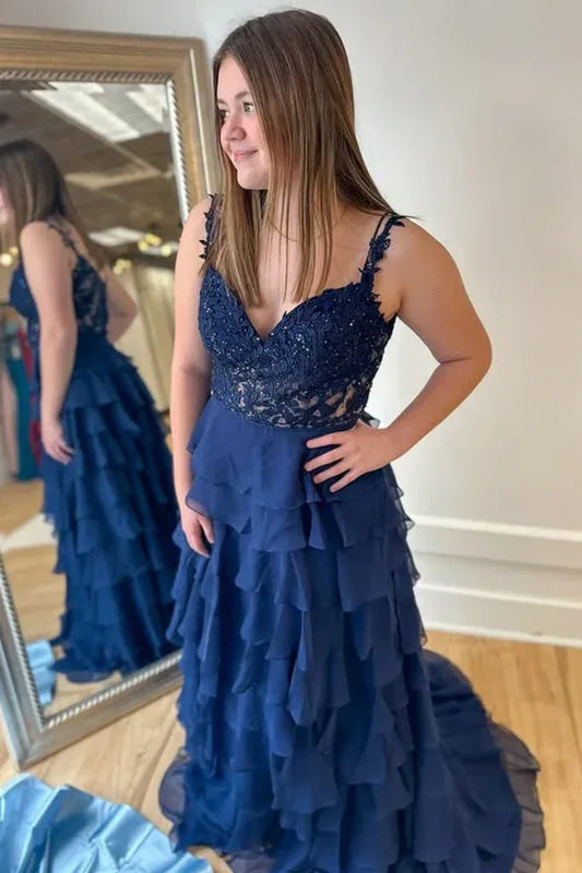 Gorgeous V Neck Sleeveless Empire A-Line Chiffon Tiered Long Prom Dress