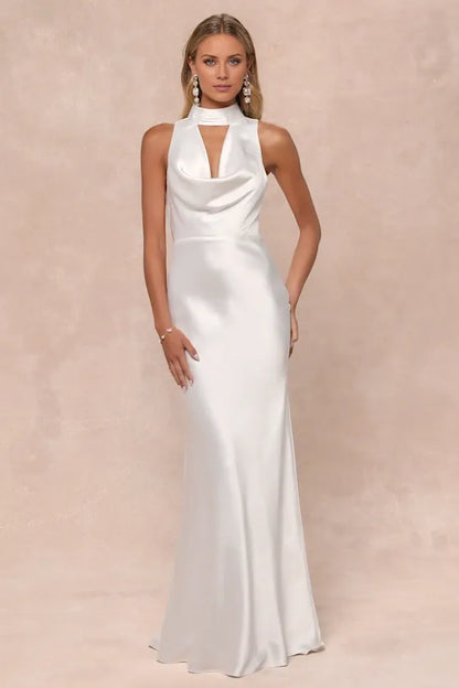 Gorgeous White Satin Mock Neck Cowl Mermaid Backless Wedding Gown With Train