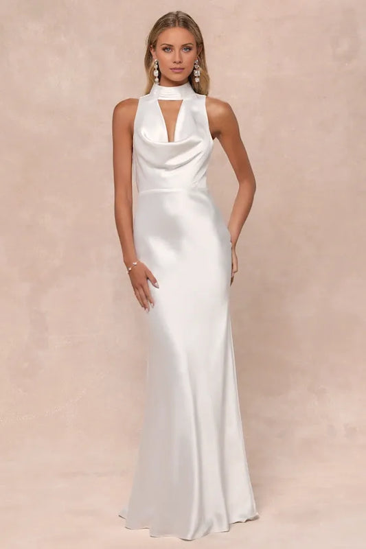 Gorgeous White Satin Mock Neck Cowl Mermaid Backless Wedding Gown With Train