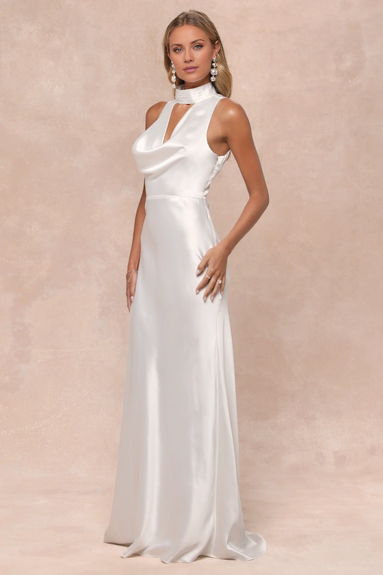 Gorgeous White Satin Mock Neck Cowl Mermaid Backless Wedding Gown With Train