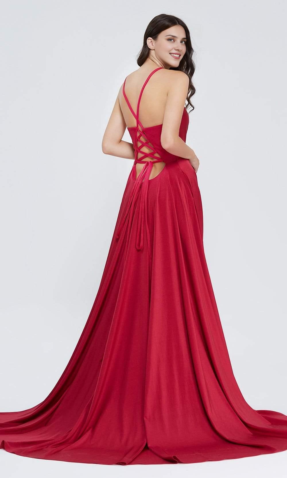 Gowns Evening Dresses/ Deep V-Neck Sleeveless Lace Up Back Satin A-Line With High Slit Prom Dress/ Evening Dresses/ Formal Women's Dresses/ Prom Dress Shops
