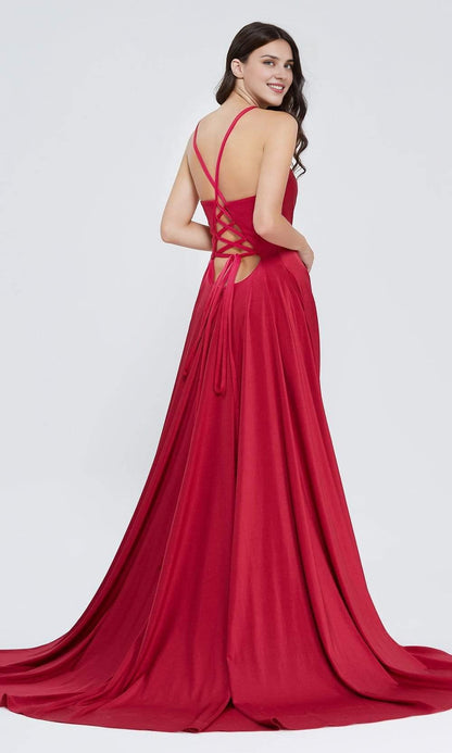 Gowns Evening Dresses/ Deep V-Neck Sleeveless Lace Up Back Satin A-Line With High Slit Prom Dress/ Evening Dresses/ Formal Women's Dresses/ Prom Dress Shops