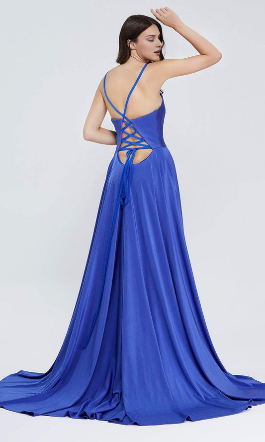 Gowns Evening Dresses/ Deep V-Neck Sleeveless Lace Up Back Satin A-Line With High Slit Prom Dress/ Evening Dresses/ Formal Women's Dresses/ Prom Dress Shops