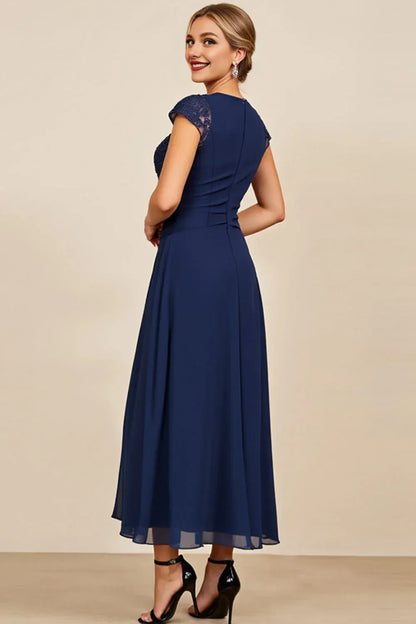 Graceful A-Line Boat Neck Cap Sleeve Chiffon Appliques Ankle-Length Mother of the Bride Dress