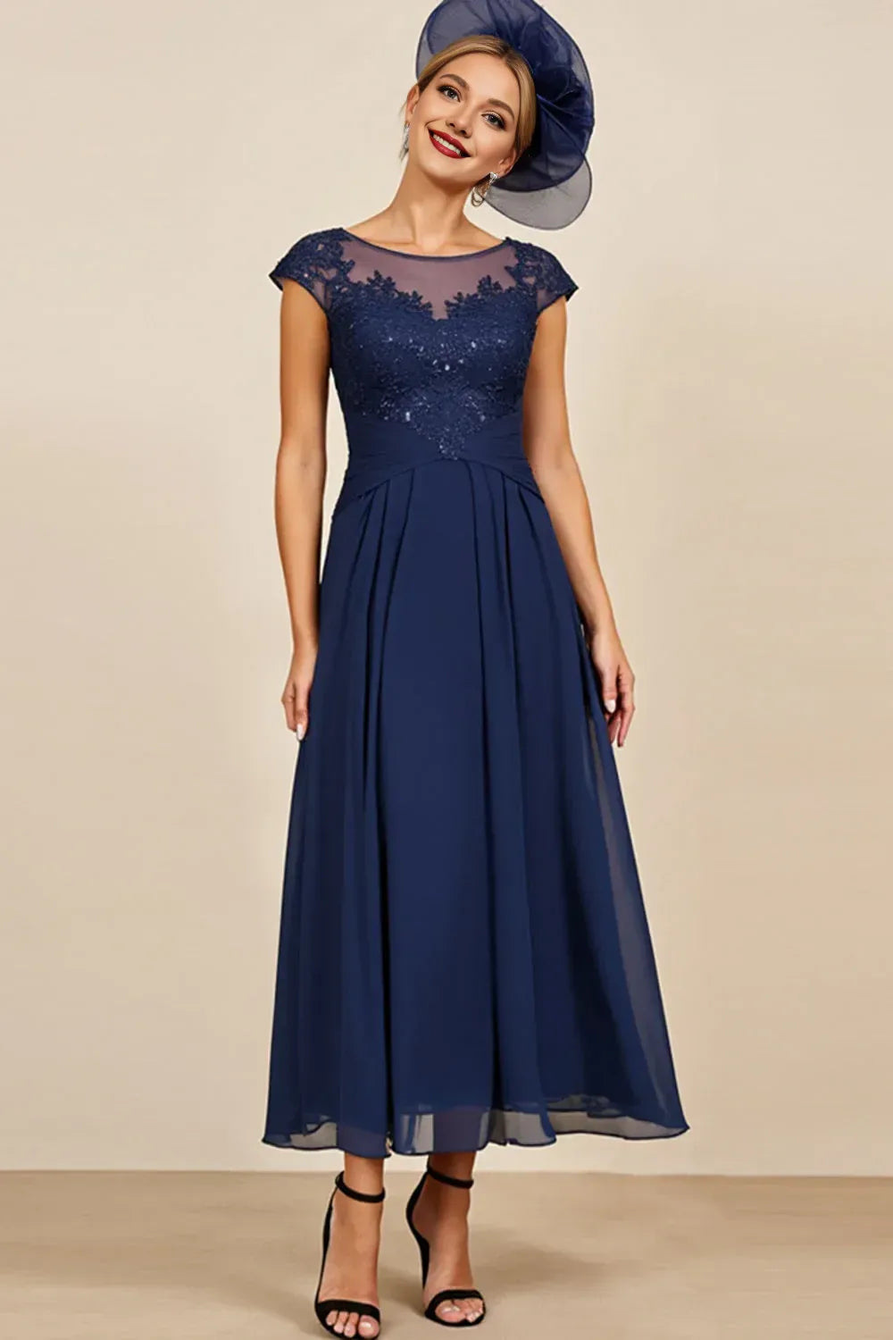 Graceful A-Line Boat Neck Cap Sleeve Chiffon Appliques Ankle-Length Mother of the Bride Dress