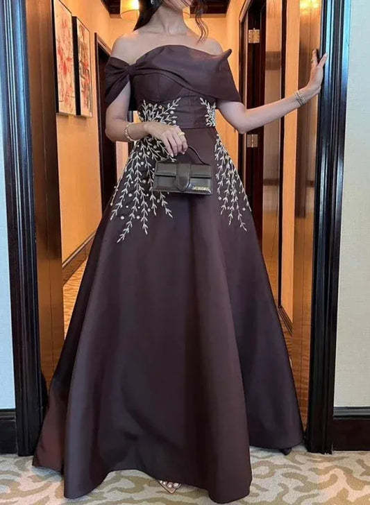Graceful A-Line Off-The-Shoulder Sleeveless Pleated Satin Floor-Length Prom Dress