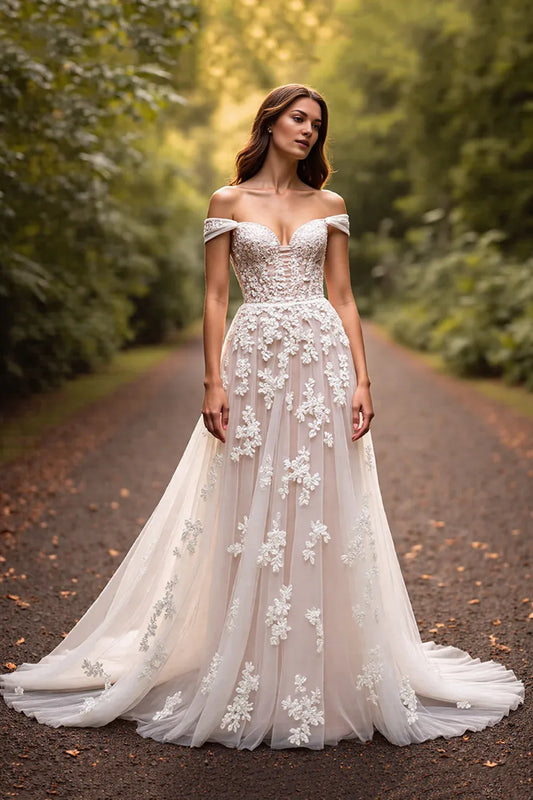 Graceful A-Line Off the Shoulder Sleeveless Appliques Tulle Sweep Train Wedding Dress