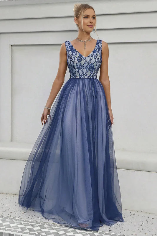 Graceful A-Line V-Neck Sleeveless Tulle Floor-Length Prom Dress