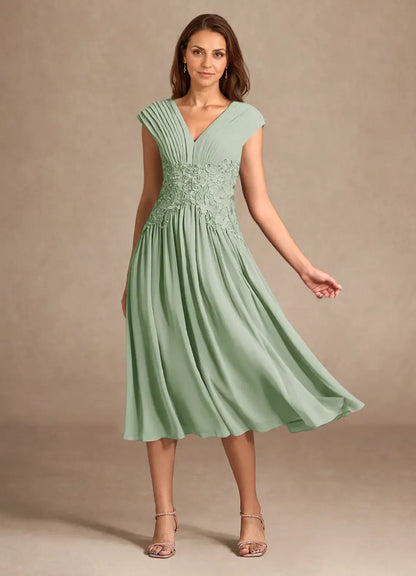 Graceful A-Line V-Neck Sleeveless Back Zip Tea-Length Mother of the Bride Dress