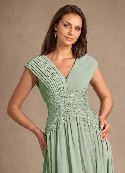 Graceful A-Line V-Neck Sleeveless Back Zip Tea-Length Mother of the Bride Dress
