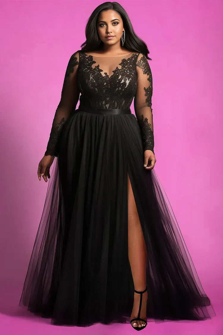 Graceful A-Line V Neck Long Sleeve Split Lace Floor Length Plus Size Prom Dress