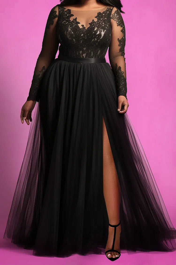 Graceful A-Line V Neck Long Sleeve Split Lace Floor Length Plus Size Prom Dress