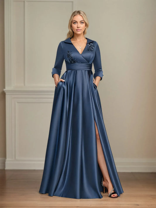 Graceful A-line V-Neck Long Sleeve Satin Ruched Floor-Length Mother of the Bride Dress