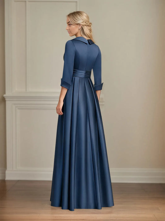 Graceful A-line V-Neck Long Sleeve Satin Ruched Floor-Length Mother of the Bride Dress