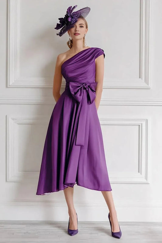 Graceful A Line One Shoulder Sleeveless Satin Bow Tea-Length Mother of the Bride Dress